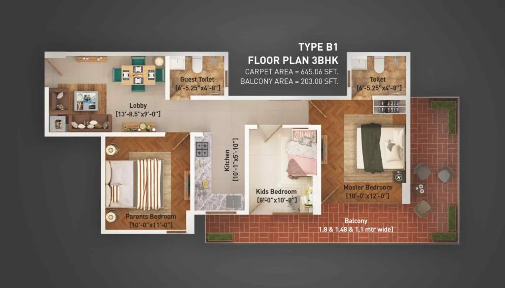 3 BHK Floor Plan - Breez Global Heights 88A